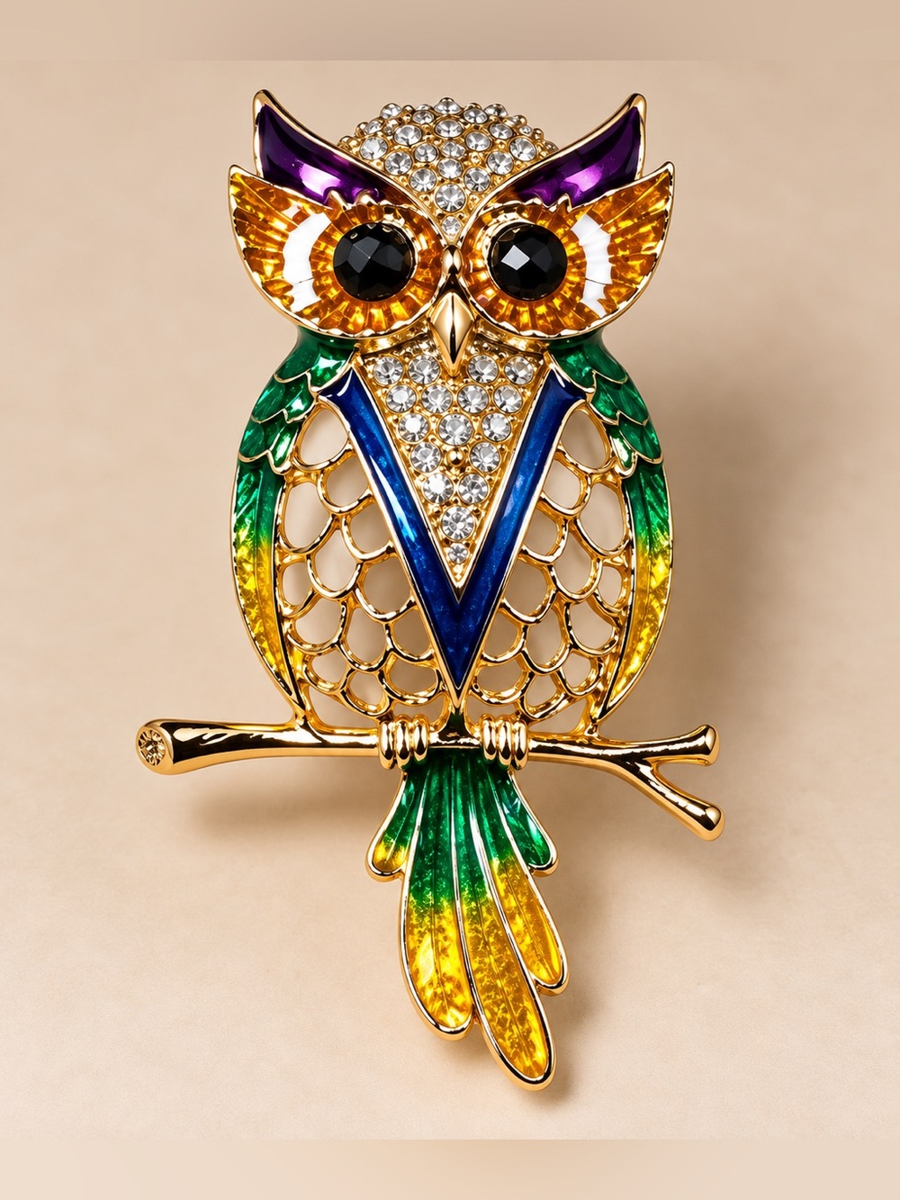 Gold-Tone Multicolor Owl Brooch with Crystals